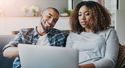 Buy stock photo Relax, smile and couple with laptop in home on living room sofa for online browsing, choice or website. Research, option and man with woman bonding on couch in lounge for news, social media or blog