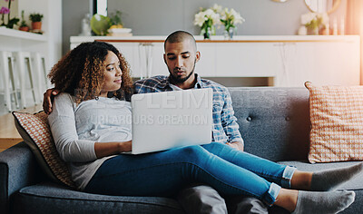 Buy stock photo A relaxed couple on sofa watching movie on laptop or browsing internet for a romantic afternoon indoors. Casual, young and in love boyfriend and girlfriend bonding while searching the web on laptop 