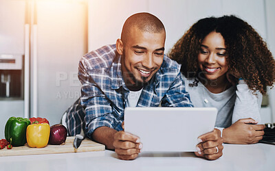 Buy stock photo Couple, tablet and cooking food in kitchen at home with blog, internet website and online connection. Happy African man, woman and digital recipe for reading instruction of healthy vegetarian meal