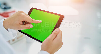 Buy stock photo Green screen, tablet and hands in hospital with medical research, mockup and lab data. Person, doctor and pharmacist with study for professional digital information and wellness web app in clinic