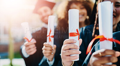 Buy stock photo Graduation, achievement or hands of students with certificate at university for education, opportunity or success. College, scholarship or group of people at campus with knowledge, smile or diploma