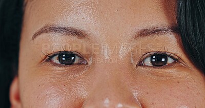 Closeup, eyes and woman with skincare, face and shine with beauty, cosmetics and eyebrow routine. Portrait, person and model with clear vision, microblading results or eyesight care with contact lens
