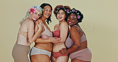 Buy stock photo Body positive, underwear and happy women, solidarity or diversity, natural beauty for inclusion. Woman empowerment,  friends or lingerie shape size, studio and self love generation and together