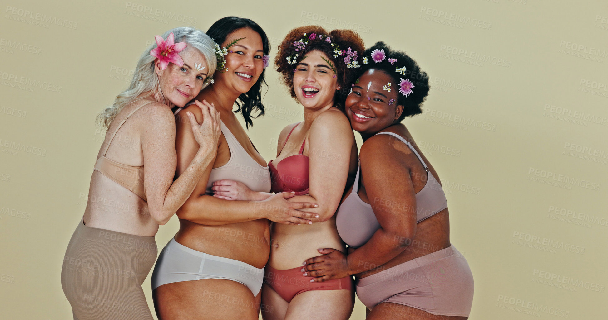 Buy stock photo Body positive, underwear and happy women, solidarity or diversity, natural beauty for inclusion. Woman empowerment,  friends or lingerie shape size, studio and self love generation and together