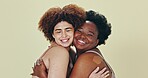 Beauty, diversity face and happy women hug, different and care for skincare, body positivity or inclusivity. Woman empowerment, portrait or friends support, embrace or inclusion on studio background