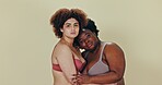 Beauty, underwear friends and women hug, solidarity and care for wellness, body positivity support or trust. Diversity portrait, lingerie and people hugging, relax or inclusion on studio background