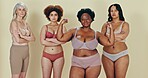 Body positive, diversity group and women excited, happy and together for underwear, natural beauty and confidence. Woman empowerment campaign, different size and portrait friends on studio background