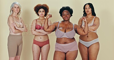 Body positive group, arms crossed and strong black woman flex muscle for strength, equality and curvy pride. Women empowerment, shape size portrait and confident lingerie friends on studio background