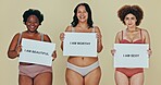 Women, body positivity and poster for diversity, happy and empowerment for self love, natural and affirmation. Portrait, hug and smile for underwear, solidarity or inclusivity for weight acceptance