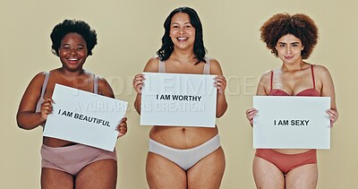 Women, body positivity and poster for diversity, happy and empowerment for self love, natural and affirmation. Portrait, hug and smile for underwear, solidarity or inclusivity for weight acceptance