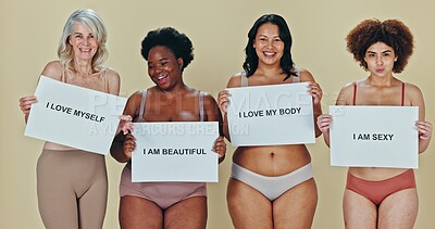 Beauty, diversity or body positivity poster for women in portrait, natural or dancing by studio background. Motivation billboard, self love or confident in lingerie, empowerment or friends in mockup