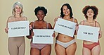 Beauty, diversity or body positivity poster for women in portrait, natural or dancing by studio background. Motivation billboard, self love or confident in lingerie, empowerment or friends in mockup