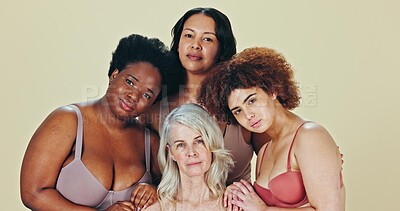 Beauty, diversity and body positive women in portrait, friends together and elderly woman care on studio background. Group solidarity, self love and confident in lingerie for empowerment in mockup