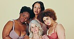 Beauty, diversity and body positive women in portrait, friends together and elderly woman care on studio background. Group solidarity, self love and confident in lingerie for empowerment in mockup