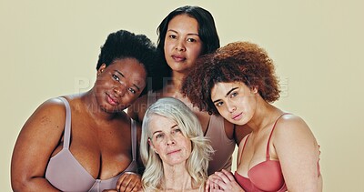 Buy stock photo Studio, beauty and women in portrait to support friends, together and elderly woman inclusivity on background. Group, diversity and empowerment or body positivity for wellness and relax on backdrop