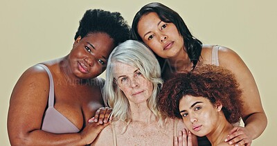 Beauty, diversity and women in portrait to support friends, together and elderly woman care on studio background. Group, empowerment or gender equality, body positivity or wellness in relax mockup