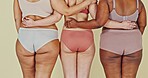 Body positive, underwear butt and women hug, solidarity and fashion choice, natural beauty or inclusion. Woman empowerment, back of friends or lingerie shape size, panties or ass on studio background