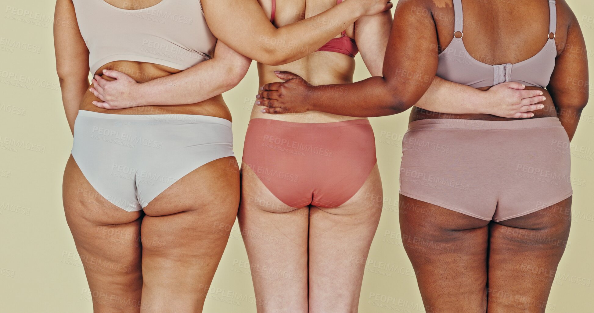 Buy stock photo Body positive, underwear and women hug, solidarity or diversity, natural beauty or inclusion. Woman empowerment, back of friends or lingerie shape size, studio background self love or people together