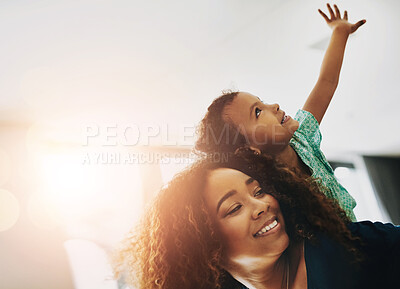 Buy stock photo Happy woman, child and play on back for love, support and development at home. Mother, daughter and together in living room for piggyback, smile and growth for bonding with low angle in morning