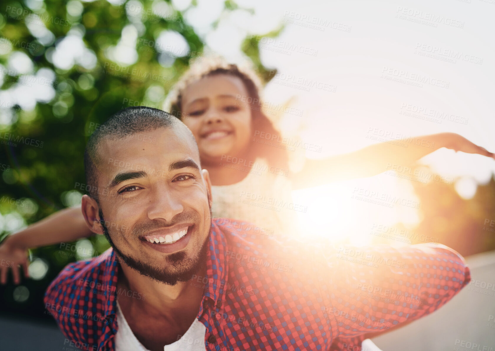 Buy stock photo Happy father, portrait and piggyback with daughter for bonding, freedom or playing in nature. Dad, child or little girl with smile in sunshine for holiday, weekend or playful outdoor day in backyard