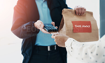 Buy stock photo Shot of an unrecognizable delivery man receiving payment from a female customer for her takeaway