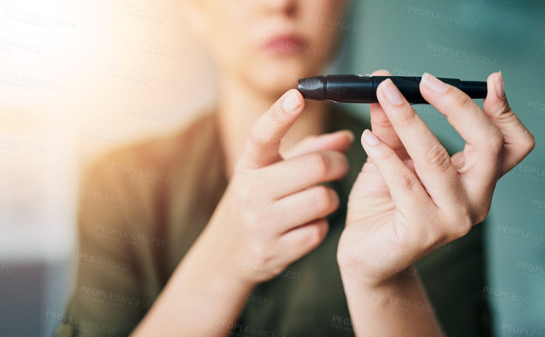 Buy stock photo Hands, woman and. blood sugar pen for diabetes, healthcare testing and monitor glucose. Closeup, person and girl poke finger with needle to check insulin, diabetic medicine and medical glucometer