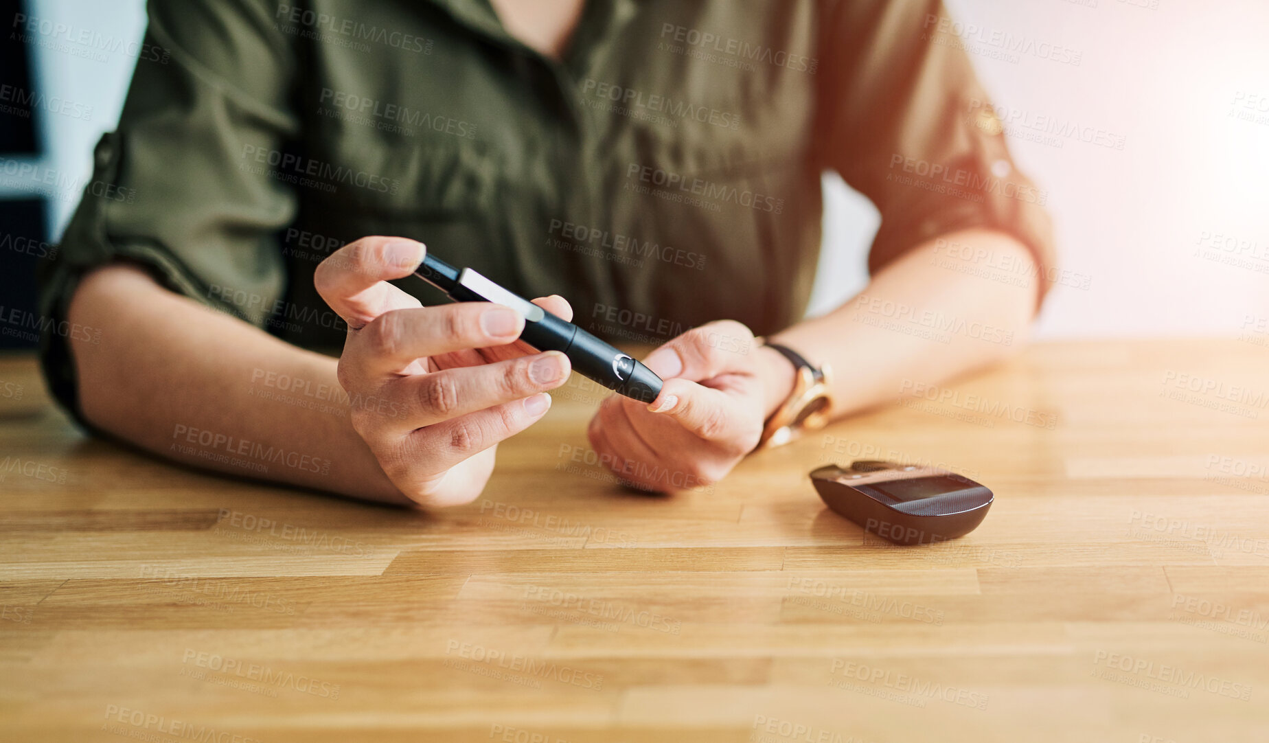 Buy stock photo Diabetes, finger and monitor with person at table in home for blood sugar, reading or test. Insulin control, measure or medical and diabetic checking glucose level in apartment with glucometer