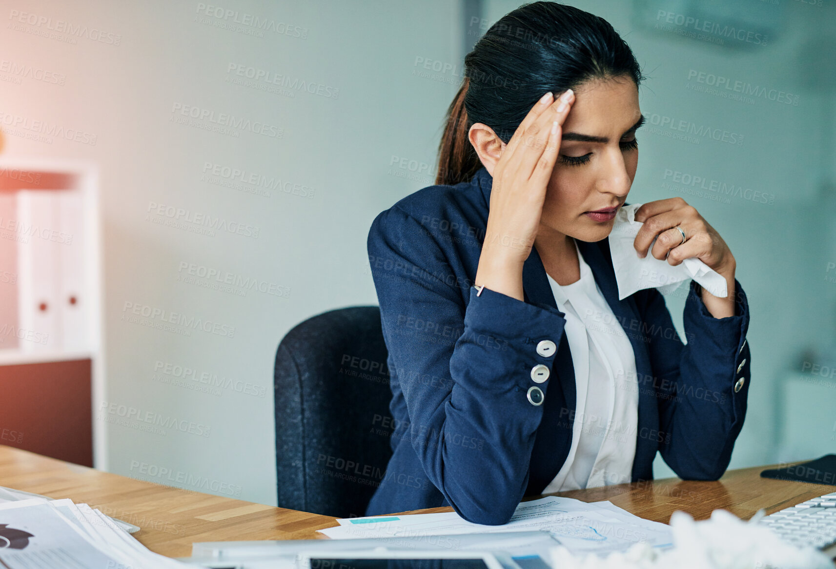 Buy stock photo Business woman, sick and tissue in office with headache, stress and covid for health problem in winter. Female employee, healthcare and paper in workplace with burnout, allergy and cough for virus