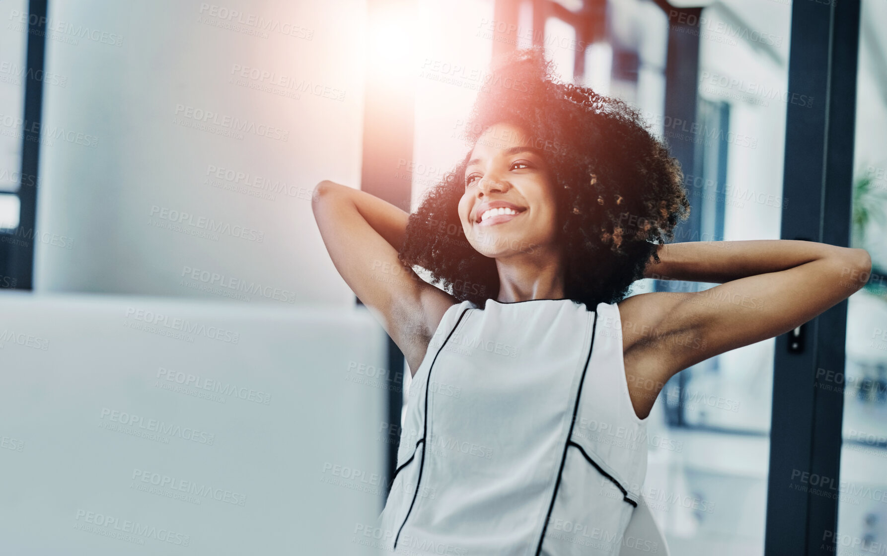 Buy stock photo Relax, smile and business woman in office with satisfaction for completed project deadline. Happy, laptop and female lawyer from Brazil resting with good news for winning legal case in workplace.