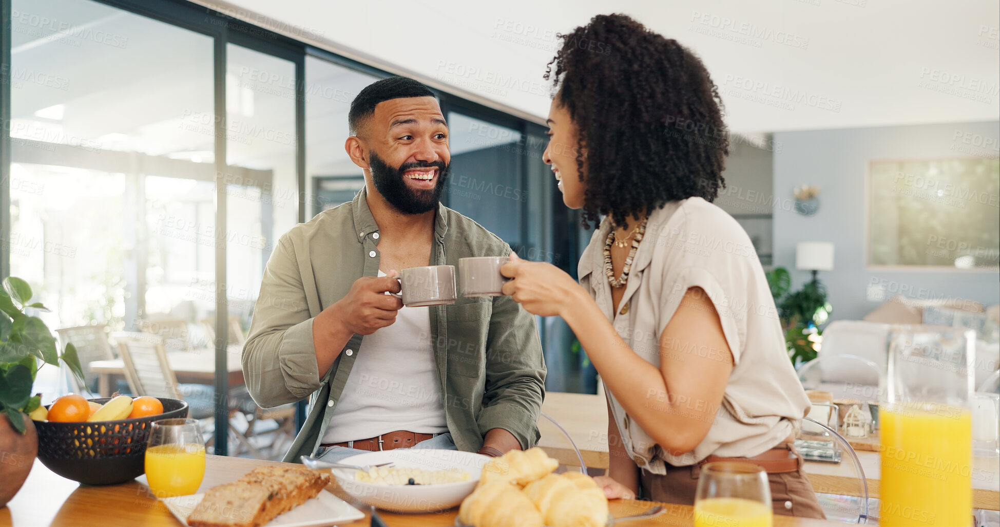 Buy stock photo Coffee, love and happy couple in a kitchen for breakfast, bonding or romantic anniversary celebration. Food, love and people on hotel holiday for Valentines day brunch, meal or diet and nutrition