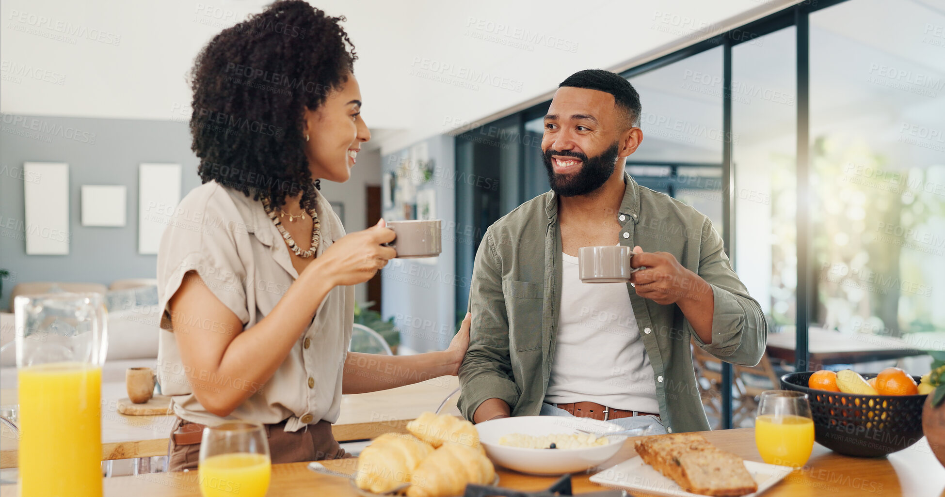 Buy stock photo Coffee, conversation and couple with breakfast in kitchen for morning valentines day date at home. Bonding, love and young man and woman eating healthy brunch with cappuccino or latte in apartment.