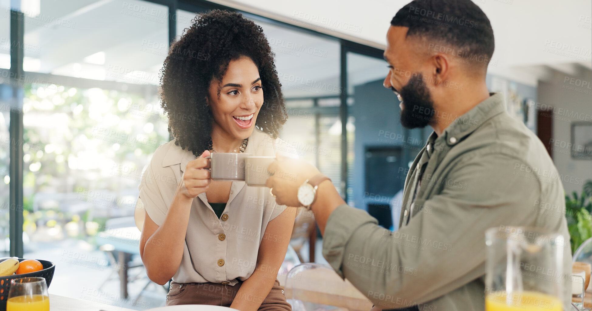 Buy stock photo Coffee, toast and happy couple in a house for morning celebration, breakfast or routine together. Love, cheers and people in a kitchen with caffeine motivation, inspiration and fun bonding at home