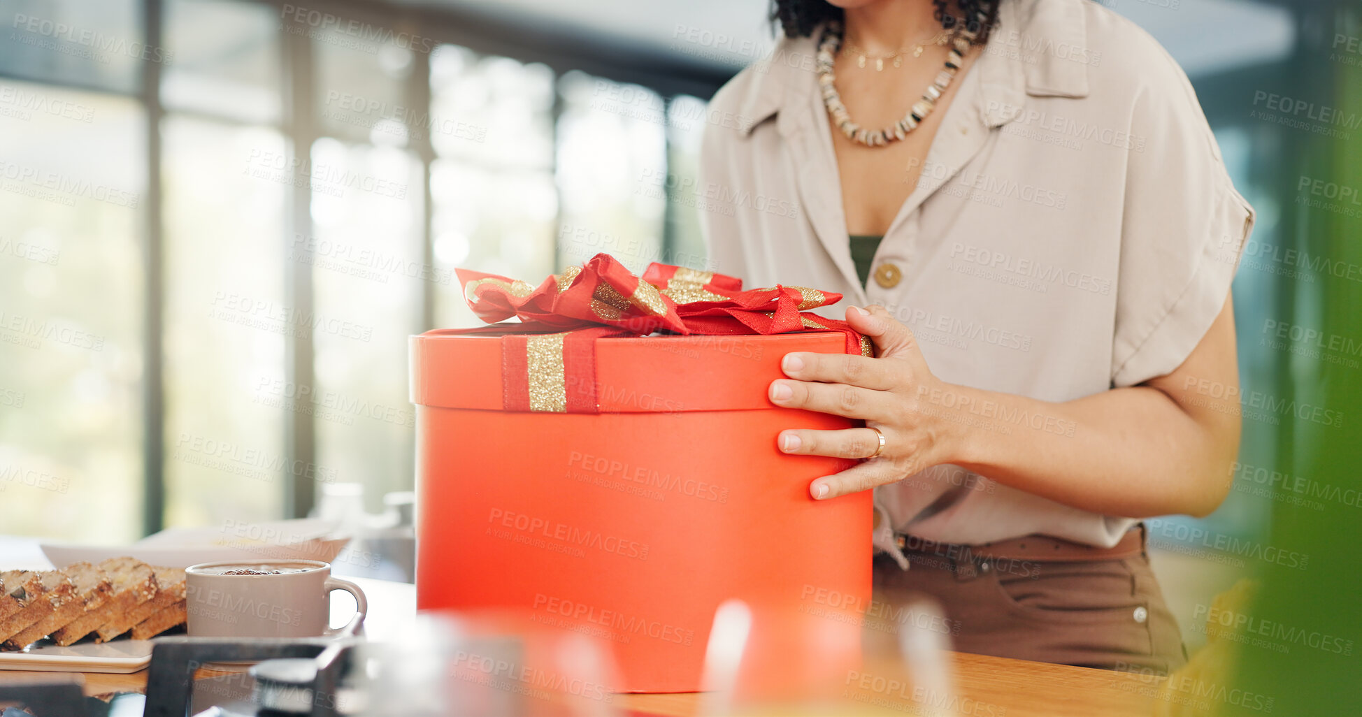 Buy stock photo Woman, excited and open gift box in home with surprise, romance and love in marriage on valentines day. Lady, nervous and shake a red present for anniversary, care and gratitude by kitchen counter