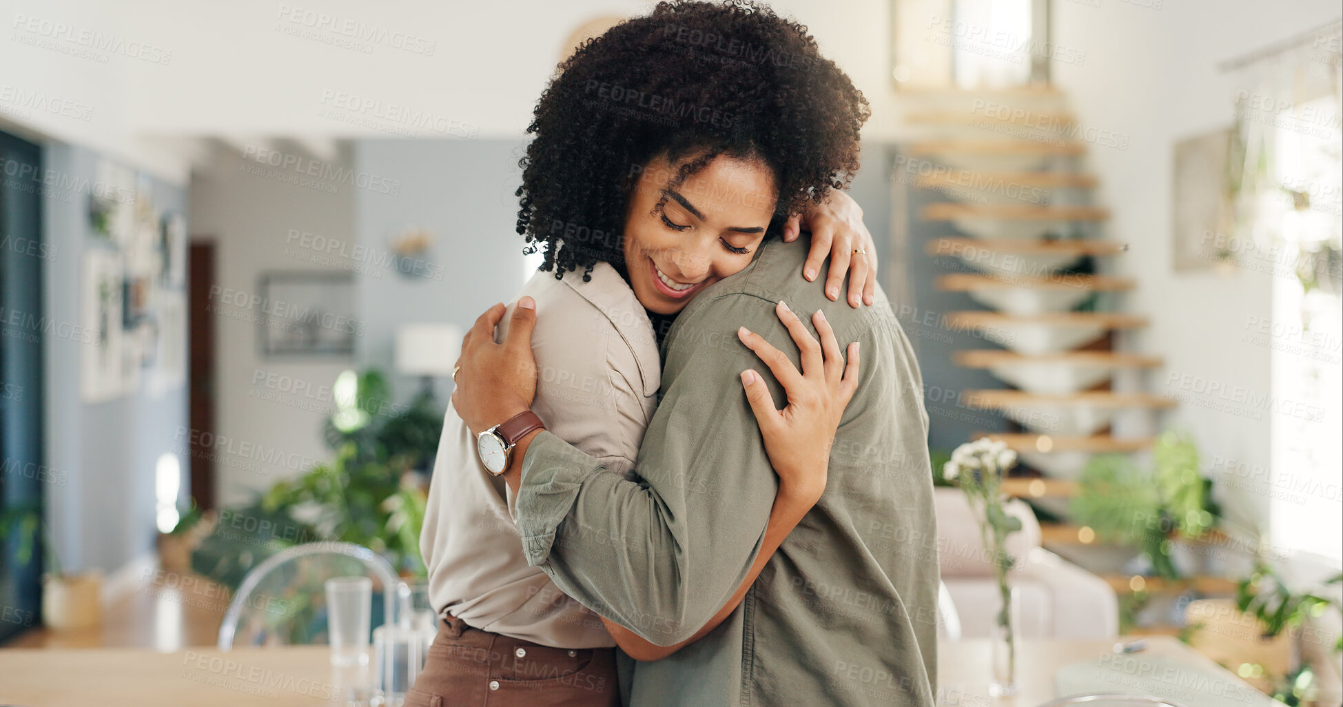 Buy stock photo Home, dancing and couple with love, celebration and happiness with hug and anniversary. Apartment, movement and man with woman and marriage with romance and holding hands with relationship or embrace