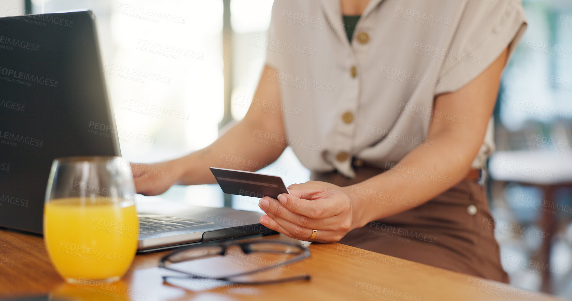 Buy stock photo Woman, credit card and laptop in home for happy ecommerce, gambling or subscription at desk. Female person, technology and hands gesture for online shopping, booking or payment for traveling