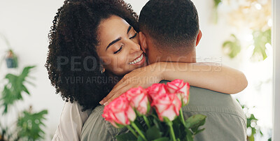 Couple, hug and flowers or smile for valentines day with love or surprise bouquet for relationship, anniversary or date. Man, woman and embrace in home with roses for marriage, celebration or present