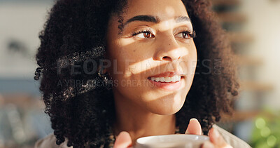 Smile, calm and woman with coffee by window in apartment for relaxing weekend morning routine. Happy, peace and young female person drinking cappuccino, tea or latte in cup with aroma at modern home.