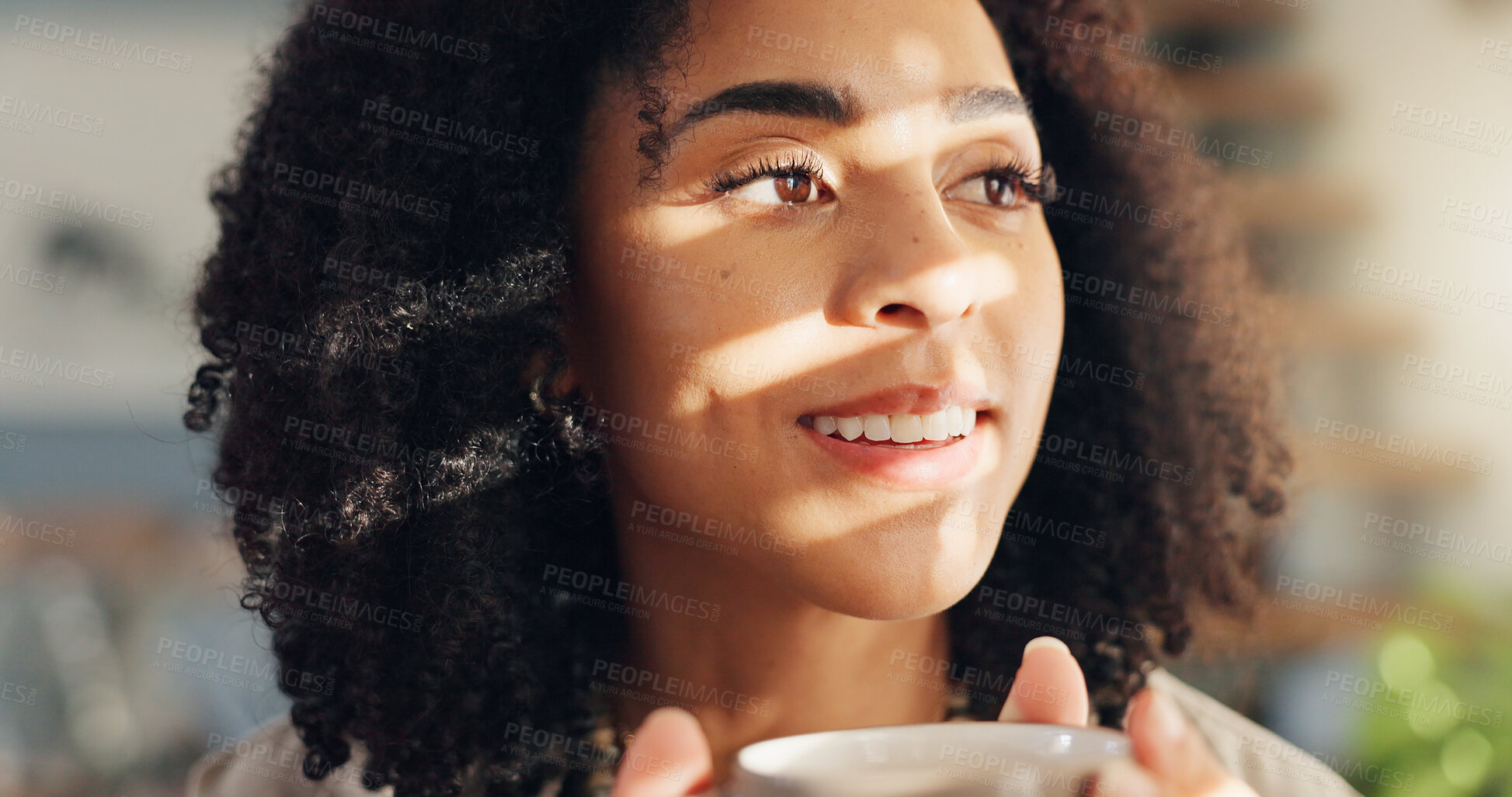 Buy stock photo Smile, calm and woman with coffee by window in apartment for relaxing weekend morning routine. Happy, peace and young female person drinking cappuccino, tea or latte in cup with aroma at modern home.