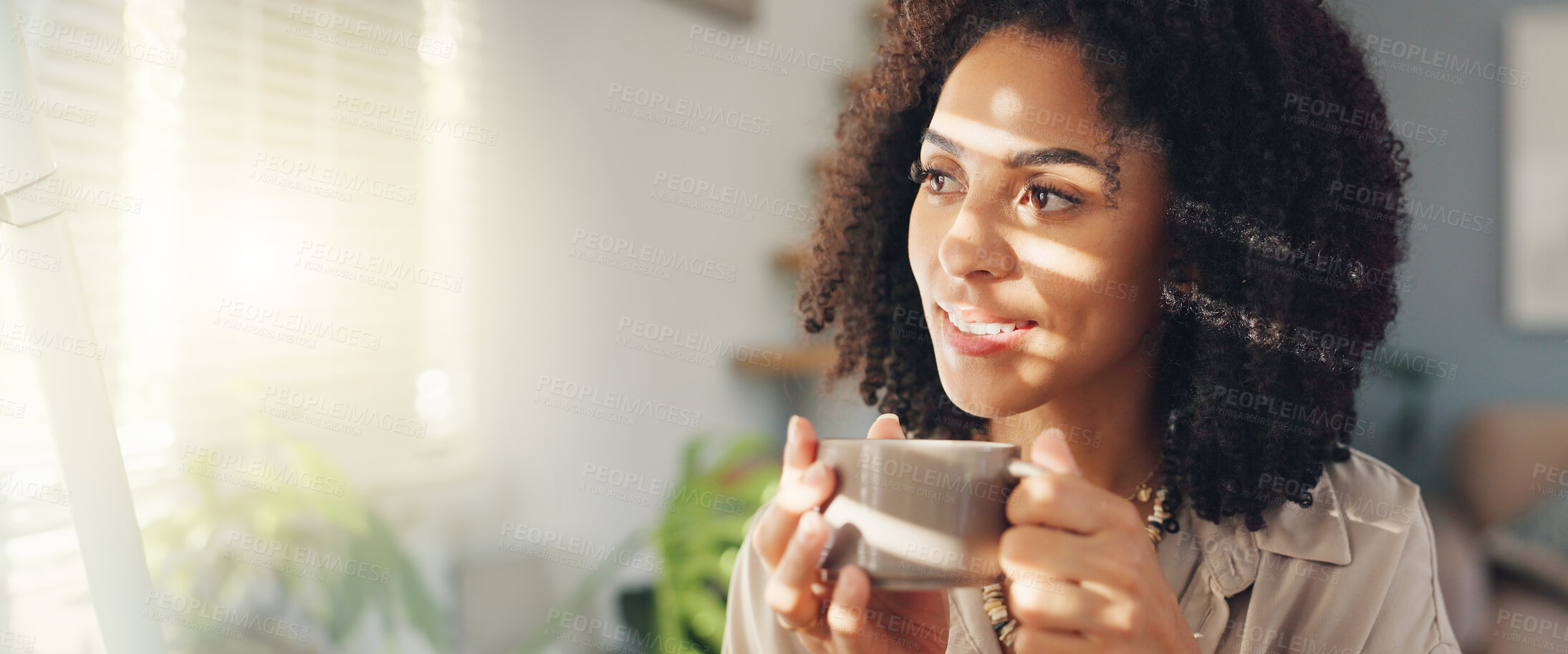 Buy stock photo Thinking, calm and woman with coffee by window in apartment for relaxing weekend morning routine. Smile, peace and young female person drinking cappuccino, tea or latte in cup at modern home.