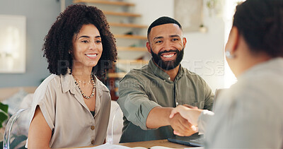 Handshake, meeting and couple with real estate agent for buying new home, house or property. Happy, deal and young man and woman shaking hands for apartment or building purchase with realtor.