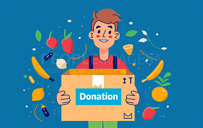 Charity, artwork and illustration of cartoon man donating a parcel of food for support, relief and donations. Humanitarian, mockup and awareness poster or banner for background, wallpaper or design