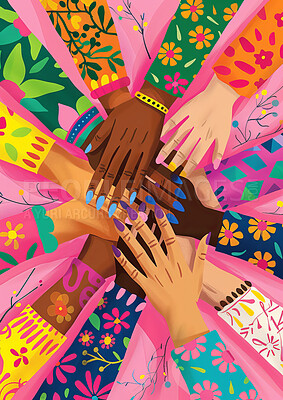 Charity, artwork and illustration of colourful hands together for support, relief and donations. Closeup, mockup and mental health awareness poster or banner for background, wallpaper and design