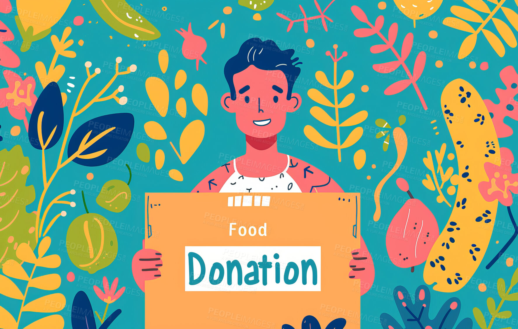 Buy stock photo Charity, artwork and illustration of cartoon man donating a parcel of food for support, relief and donations. Humanitarian, mockup and awareness poster or banner for background, wallpaper or design