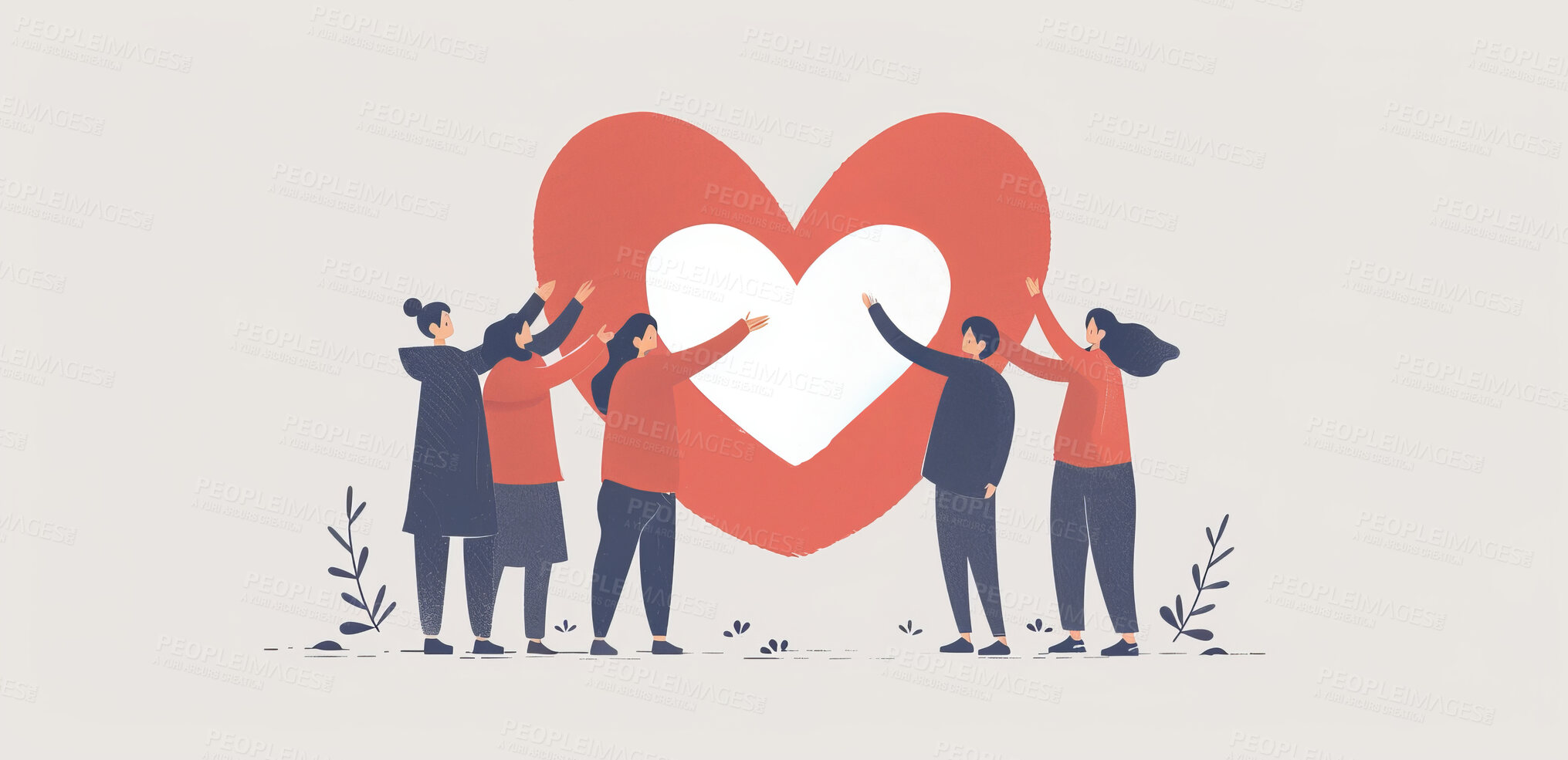 Buy stock photo Charity, artwork and illustration of cartoon people standing together with a heart for support, relief and donations. Closeup, mockup and awareness poster or banner for background, wallpaper and design