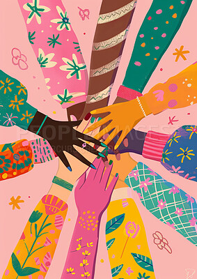 Charity, artwork and illustration of colourful hands together for support, relief and donations. Closeup, mockup and mental health awareness poster or banner for background, wallpaper and design