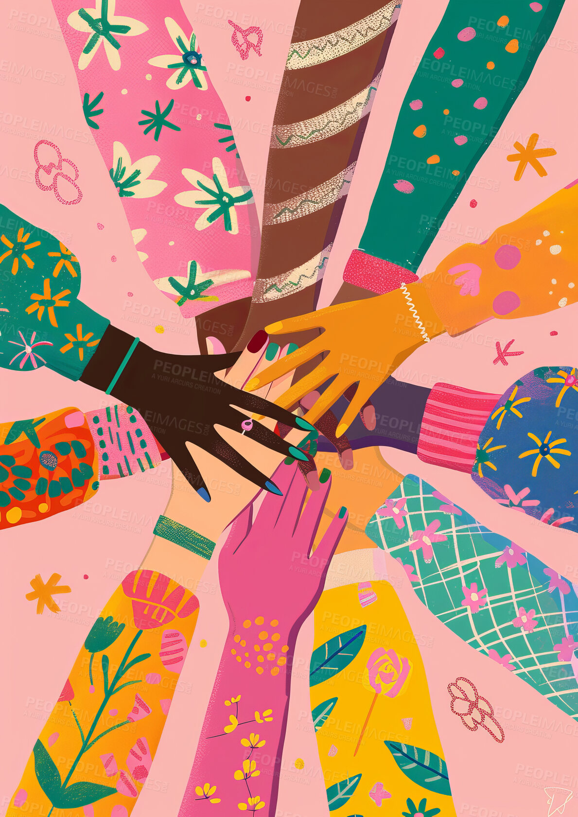 Buy stock photo Charity, artwork and illustration of colourful hands together for support, relief and donations. Closeup, mockup and mental health awareness poster or banner for background, wallpaper and design