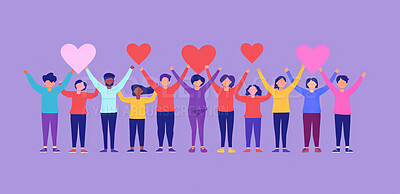 Charity, artwork and illustration of cartoon people standing together with a heart for support, relief and donations. Closeup, mockup and awareness poster or banner for background, wallpaper and design