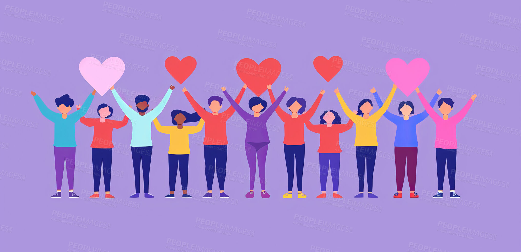 Buy stock photo Charity, artwork and illustration of cartoon people standing together with a heart for support, relief and donations. Closeup, mockup and awareness poster or banner for background, wallpaper and design