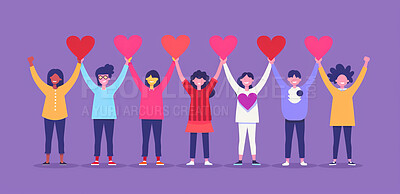 Charity, artwork and illustration of cartoon people standing together with a heart for support, relief and donations. Closeup, mockup and awareness poster or banner for background, wallpaper and design