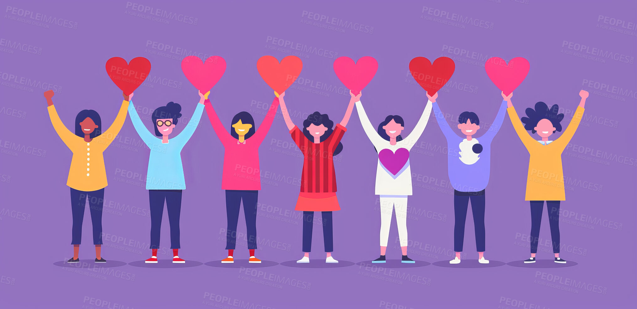 Buy stock photo Charity, artwork and illustration of cartoon people standing together with a heart for support, relief and donations. Closeup, mockup and awareness poster or banner for background, wallpaper and design